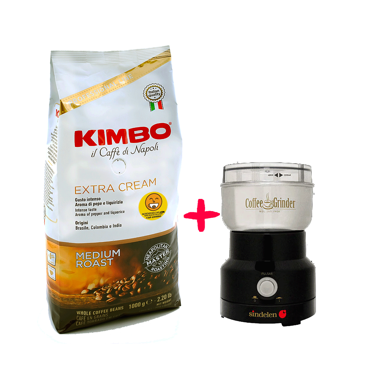 Pack 1 Kg Kimbo Extra Cream + Molinillo eléctrico Sindelen