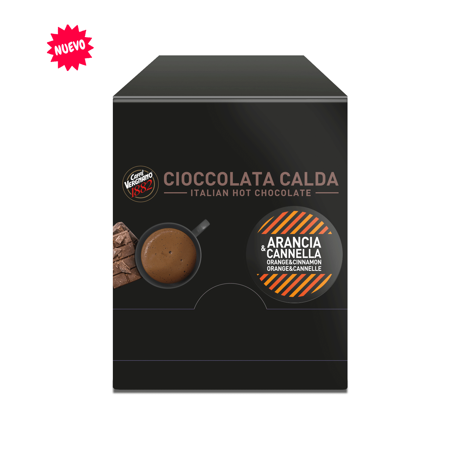 Chocolate caliente Vergnano sabor naranja canela caja de 15 sobres de 30 gramos c/u