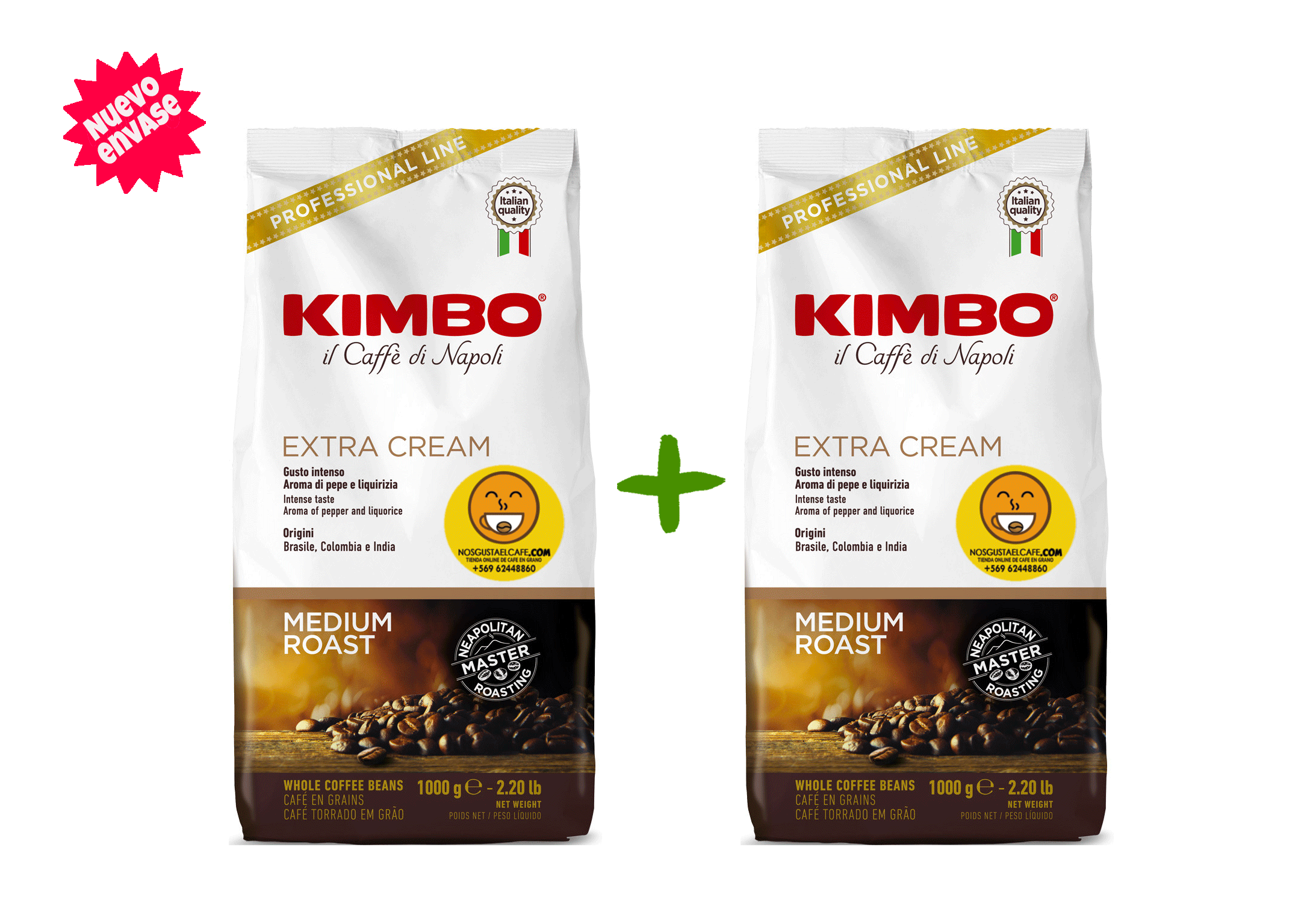 Pack 2 Kg Kimbo Extra Cream en grano