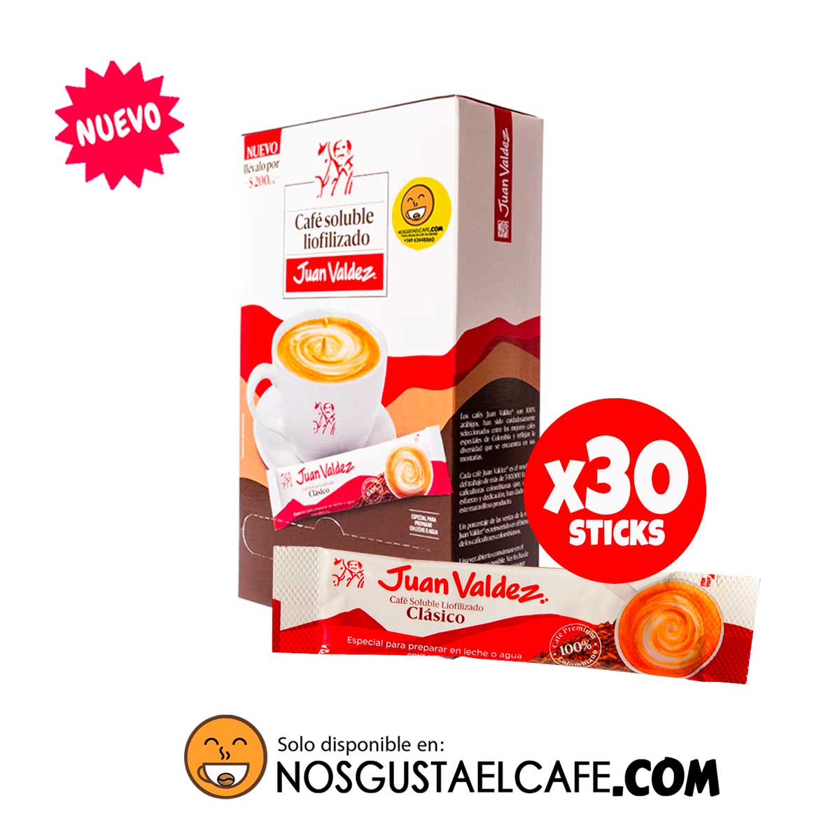Café Juan Valdez Clásico instantáneo liofilizado, caja de x30 sticks