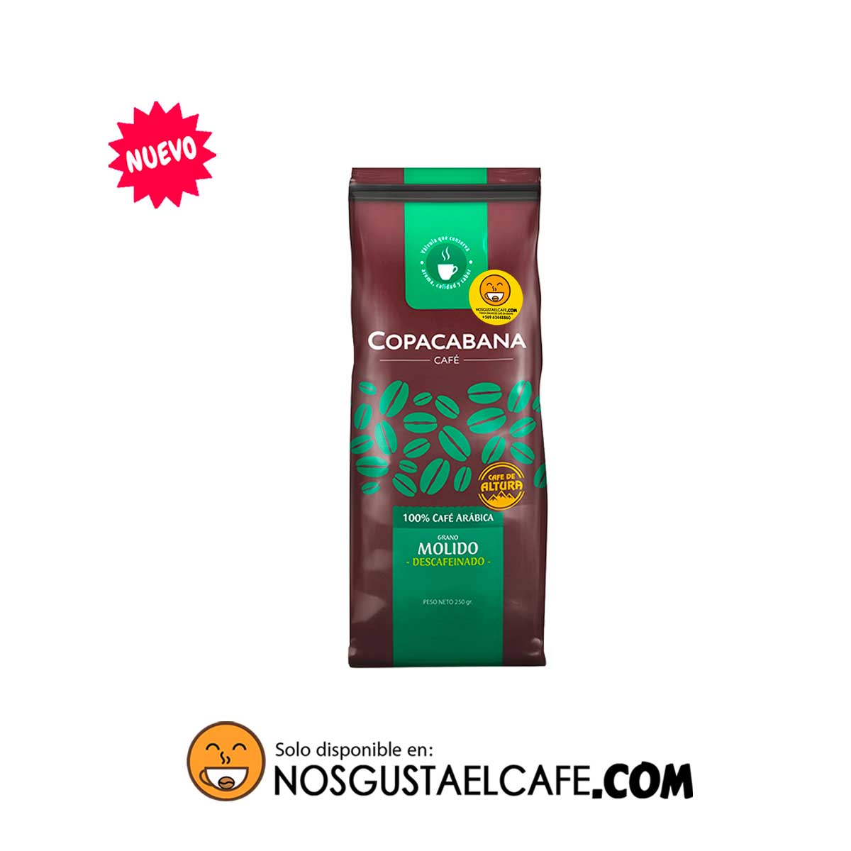 Café Copacabana Descafeinado, 100% Arábica, 250grs., molido