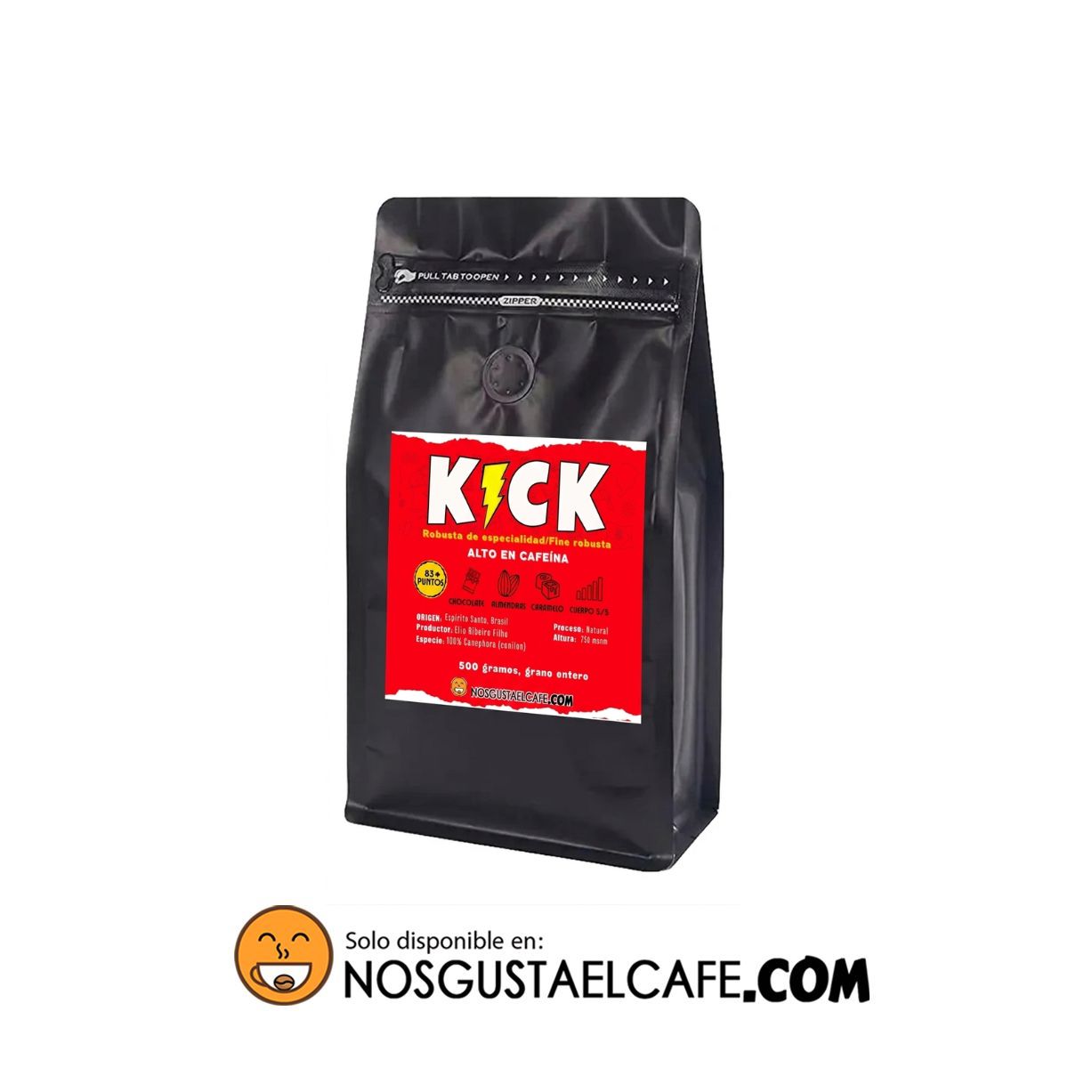 Café doble cafeína ⚡️KICK, 100% Fine Robusta, 83 pts. 500 grs. grano entero