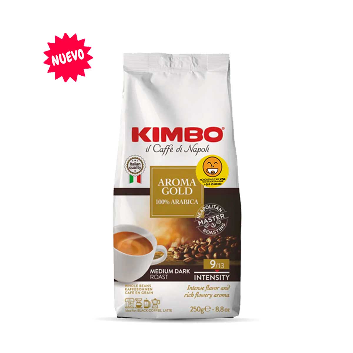 Café italiano Kimbo Espresso Aroma Gold 100% Arábica, 250 gramos en grano entero