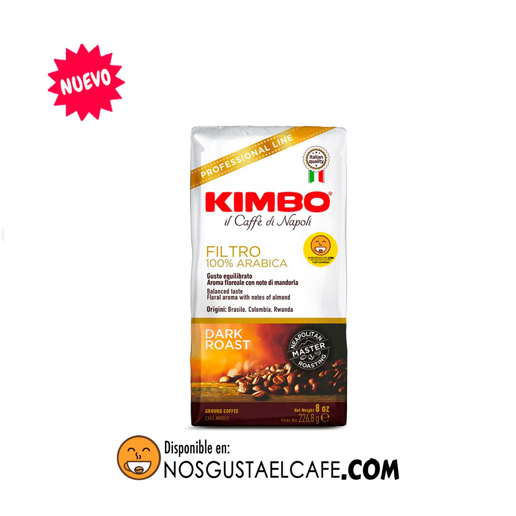 Café italiano Kimbo Filtro 100% Arábica Dark Roast, 226 grs. molido