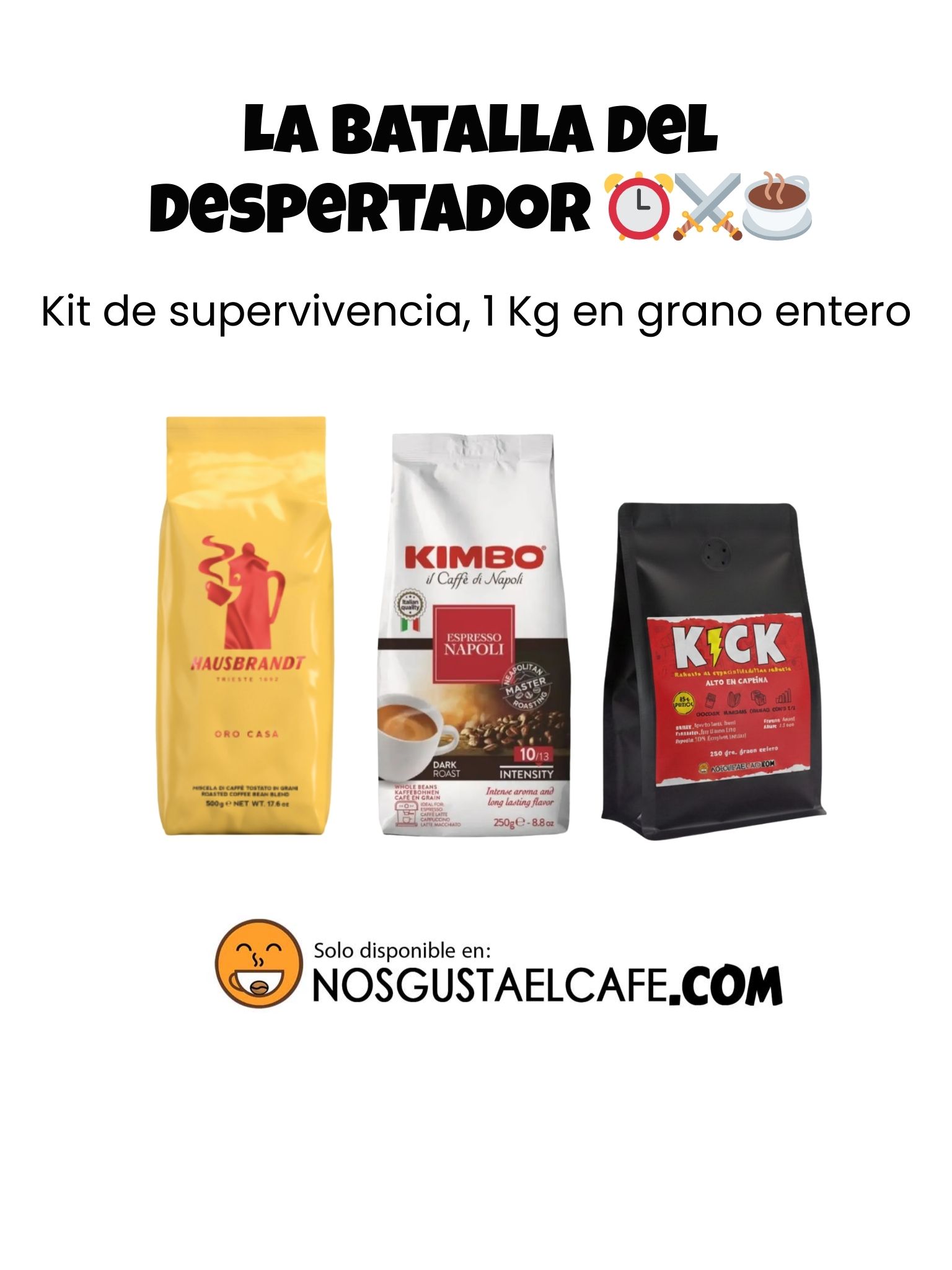Kit de supervivencia, pack 3 variedades, 1 Kg de café en grano alto en cafeína