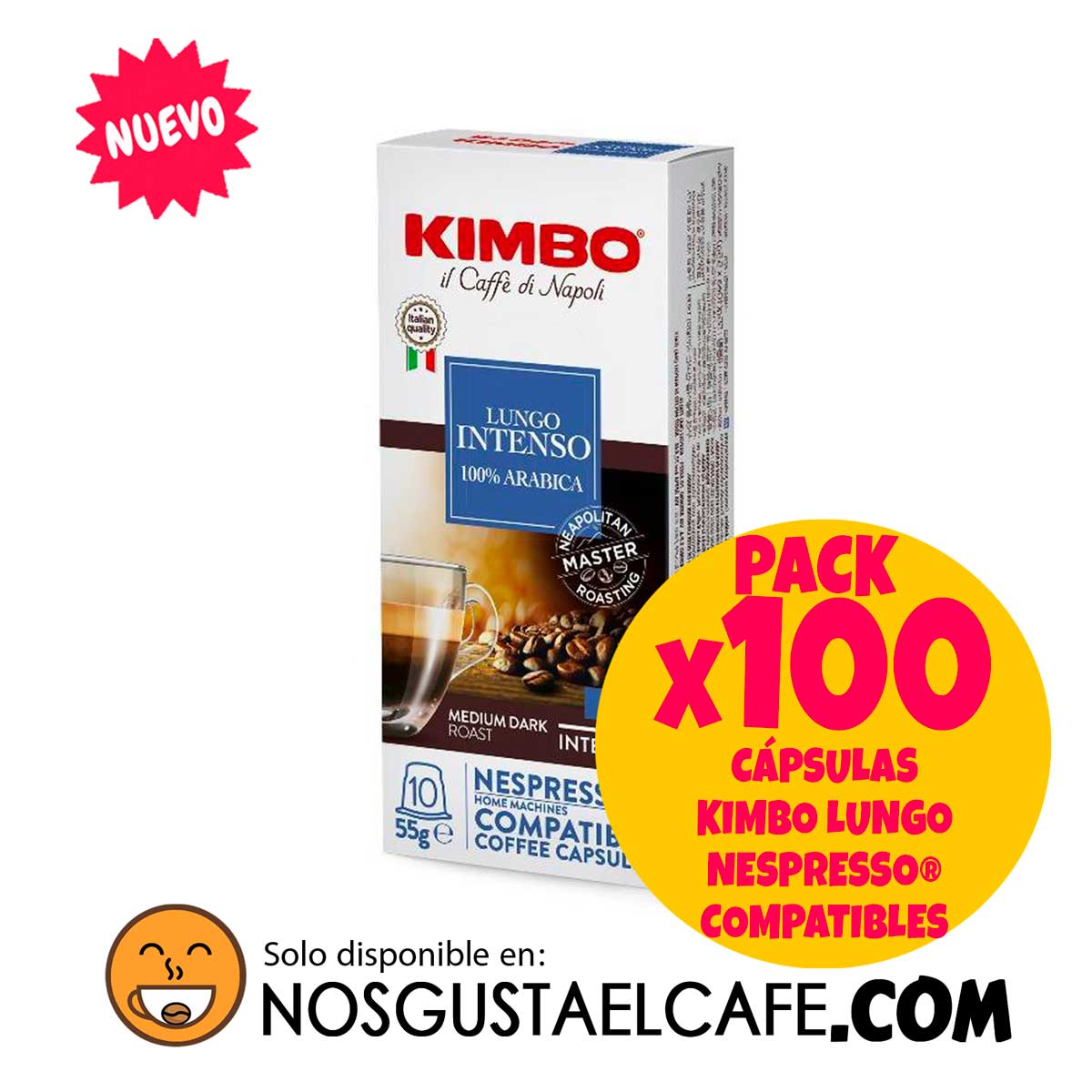 Pack 100 Cápsulas Kimbo Lungo, 100% arábica, compatibles con Nespresso®