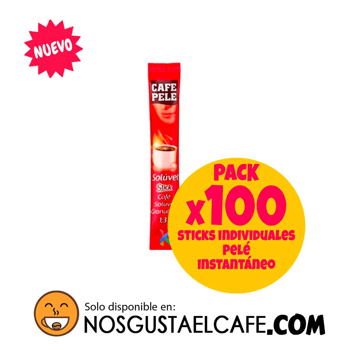 Pack 100 sticks, café brasileño soluble granulado Pelé, 100% arábica, 1.3 grs. c/u