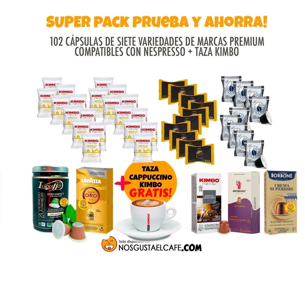 Súper combo de 102 cápsulas de marcas Italianas Premium Nespresso® compatibles + Taza Gratis
