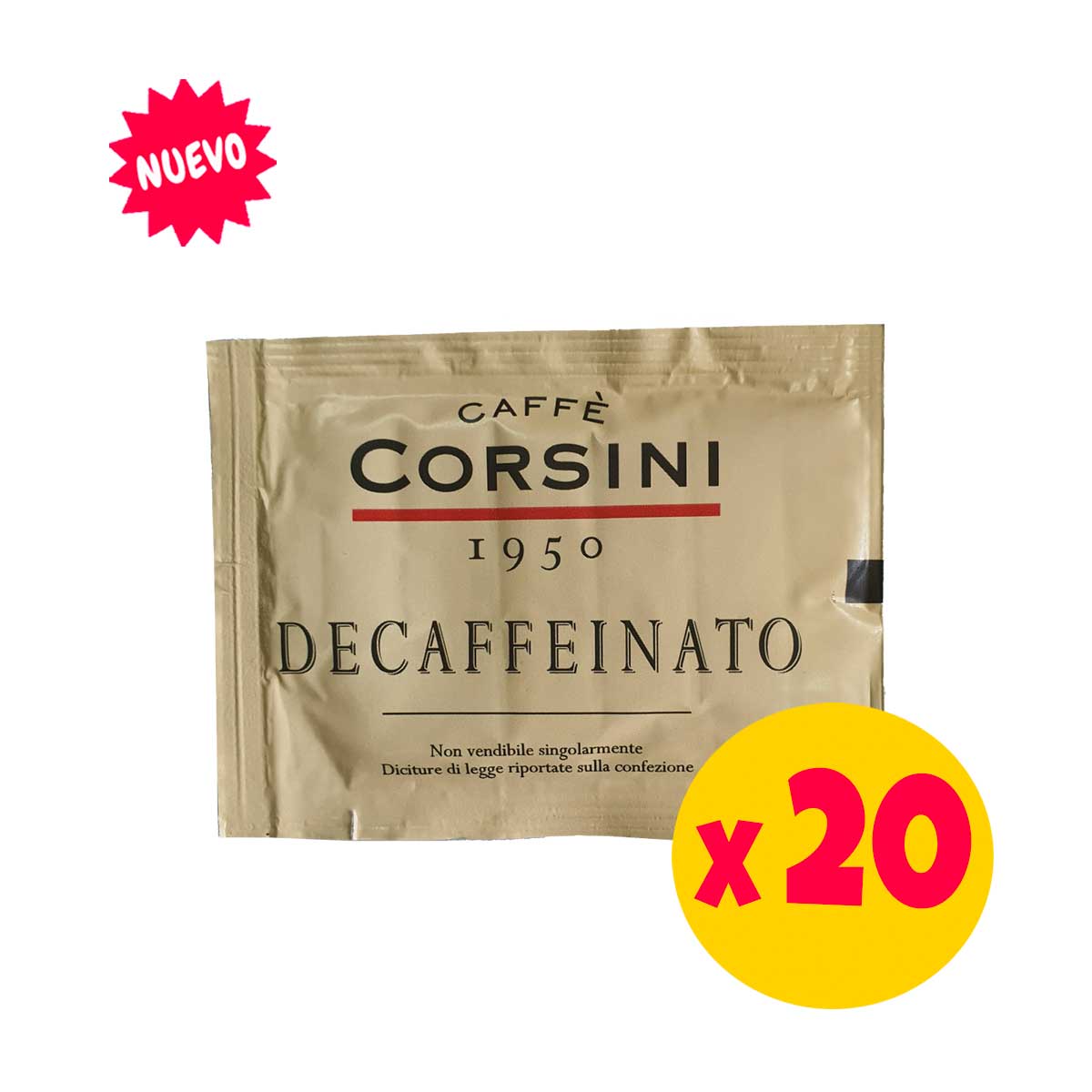 Pack 20 unidades individuales Corsini Decafeinatto, monodosis ideal para moka, filtro o espresso
