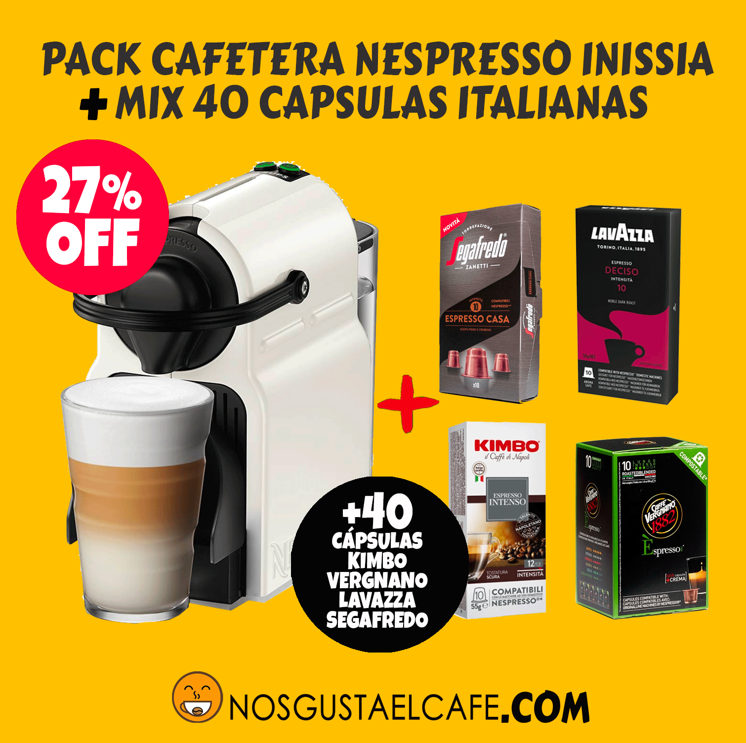 Pack Cafetera Nespresso® Inissia C40 + Mix 40 cápsulas marcas premium
