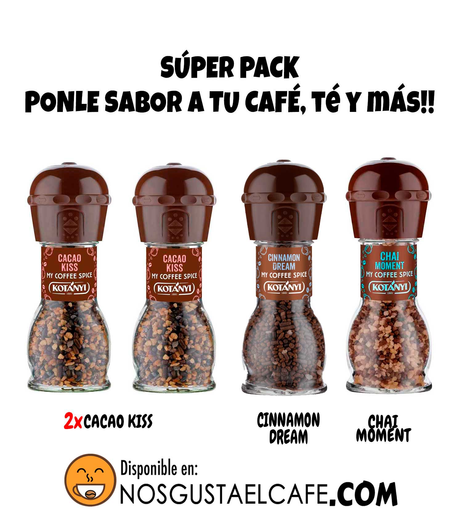 Pack x 4 aderezos Saborizantes Kotanyi para Café, Té y repostería, cada envase tiene molinillo incorporado