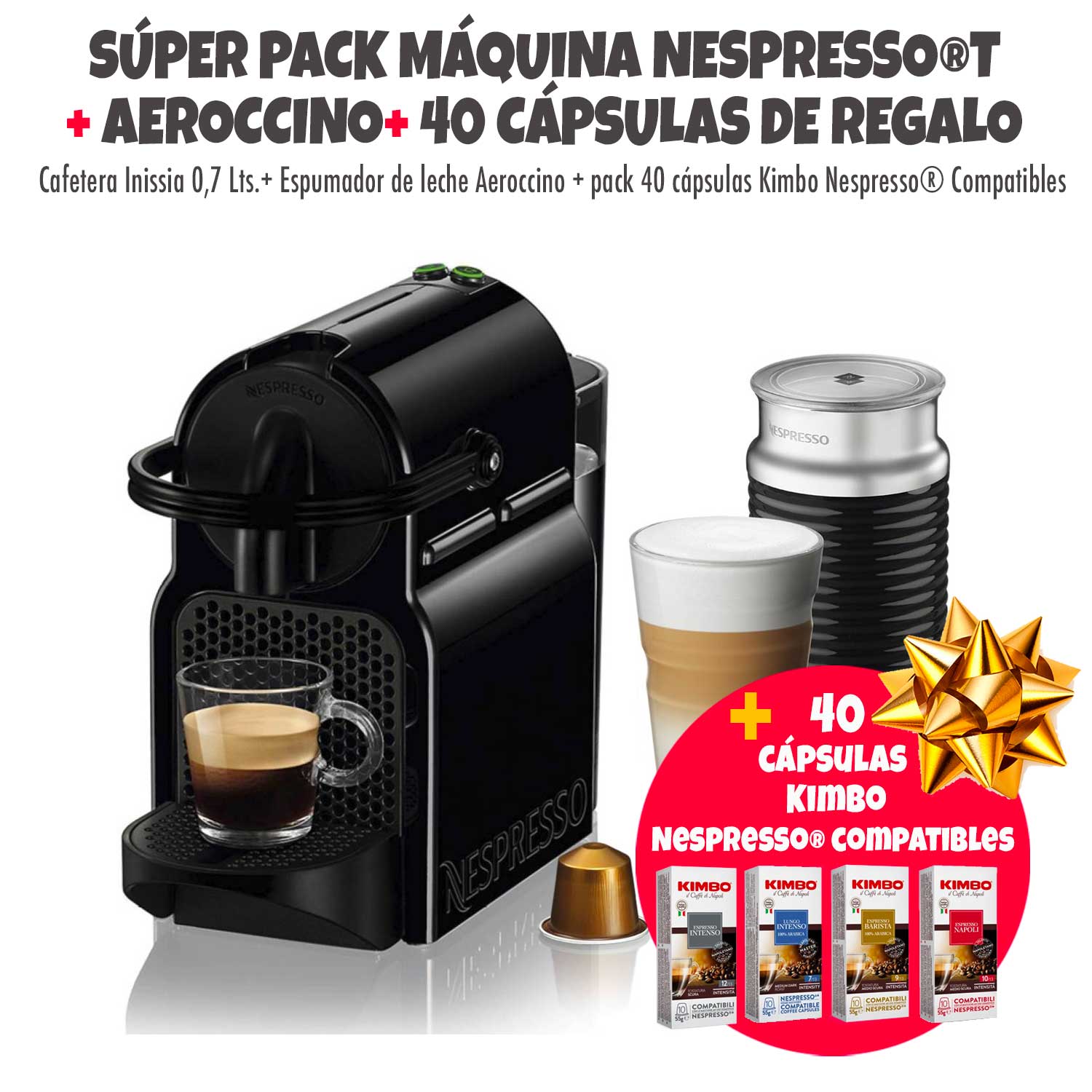 Cafetera Nespresso Inissia Negra 0,7 litros + Espumador Aeroccino + pack 40 cápsulas Kimbo