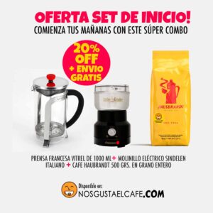 Set Prensa Francesa 1 litro + molinillo eléctrico + Hausbrandt 500 grs. en grano