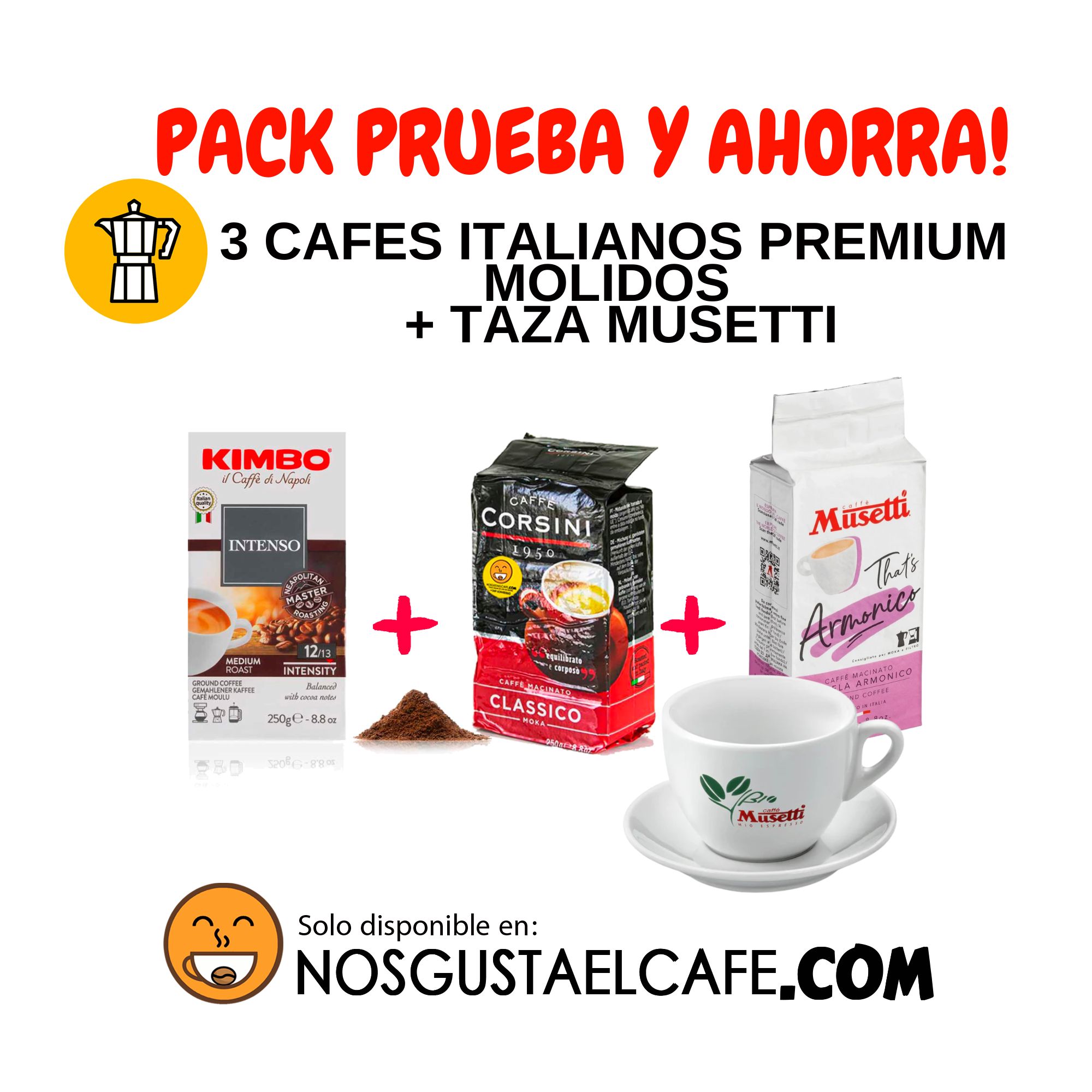 Pack 3 Cafés Italianos Molidos Para Moka + Taza cappuccino Musetti