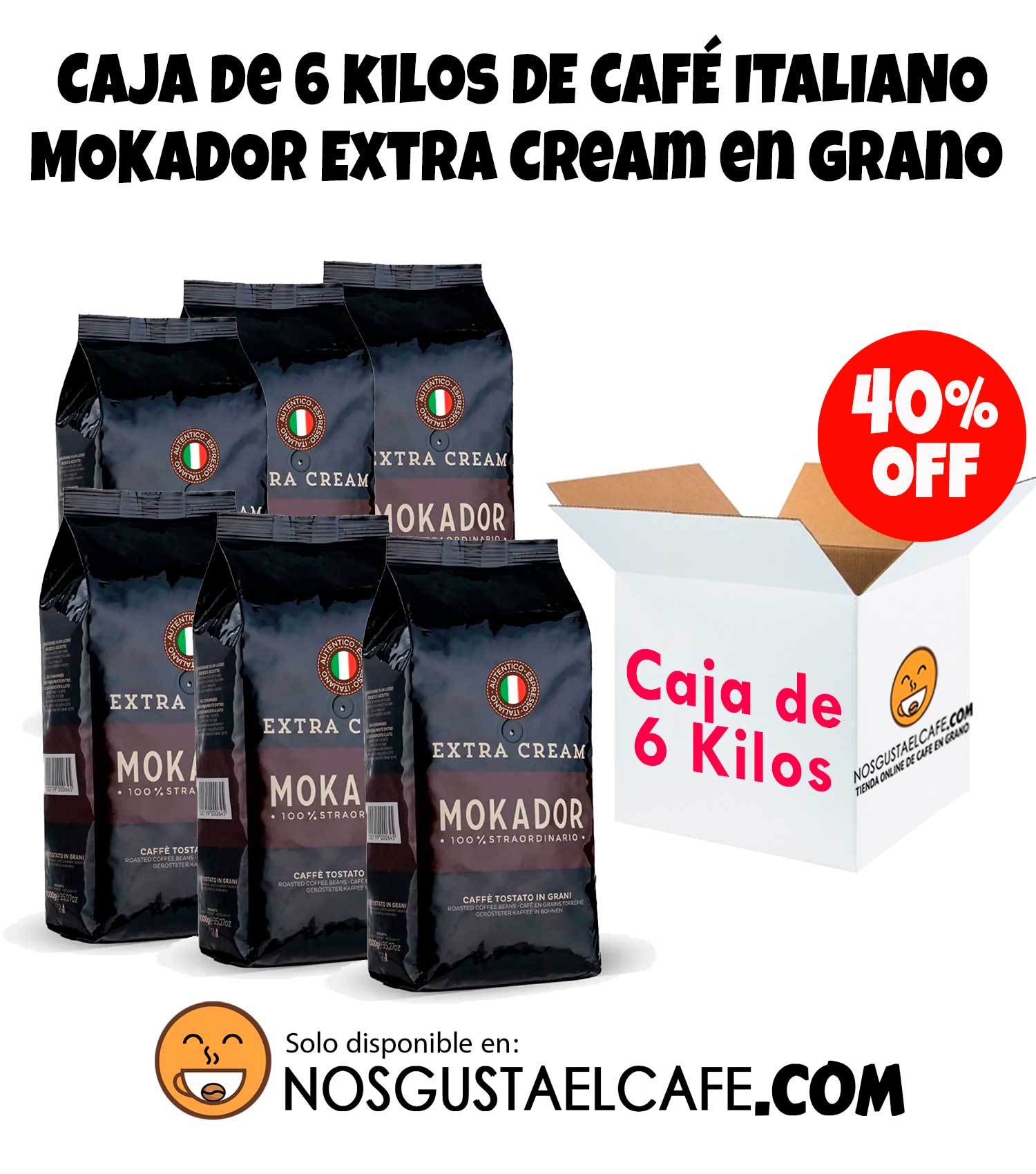 Pack 6 Kg de café italiano Mokador Extra Cream, en grano