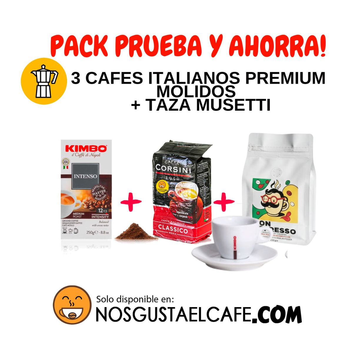 Pack 3 Cafés Italianos Molidos Para Moka + Taza Kimbo